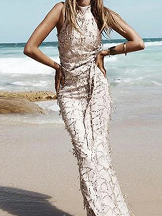 New Summer Hanging Neck Strap Sexy Tassel Sequined Maxi Dress Fashionable High-Low Maxi Dress