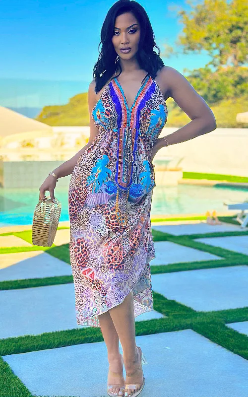 Nicole: V-Neck Maxi Dress in Blue Multiprint Fashionable Printed Maxi Dress