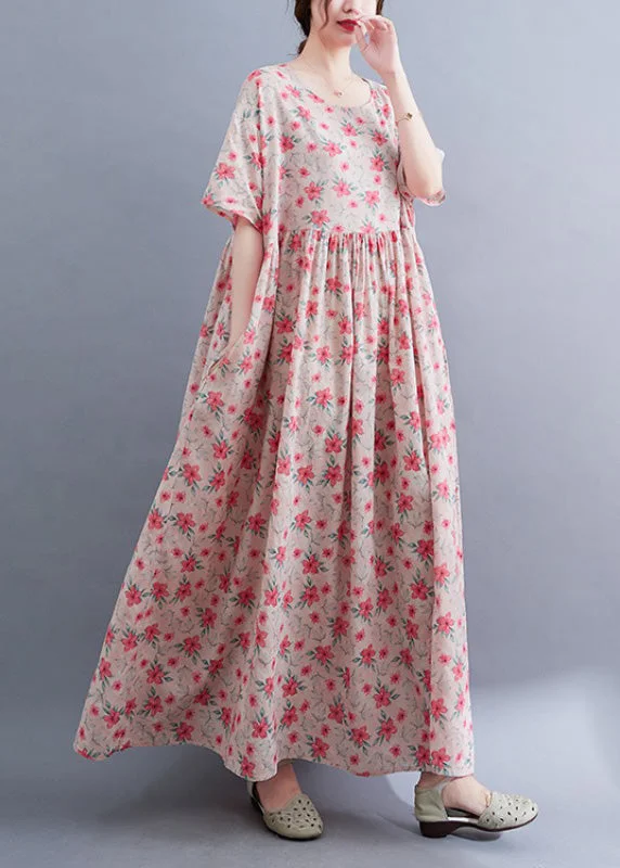 Novelty Pink O-Neck Patchwork Print Cotton Maxi Dresses Summer Comfortable Casual Maxi Dress