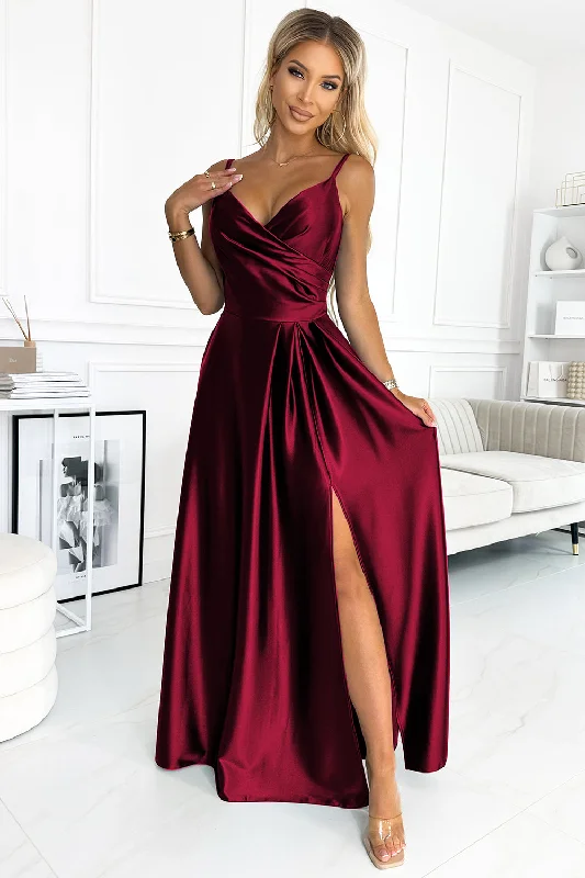 Numoco 299-13 CHIARA elegant satin maxi dress with straps - Burgundy color Comfortable Maxi Dress with Slits