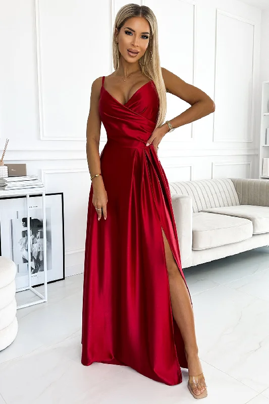 Numoco 299-14 CHIARA elegant satin maxi dress with straps - red color Elegant Pleated Maxi Dress