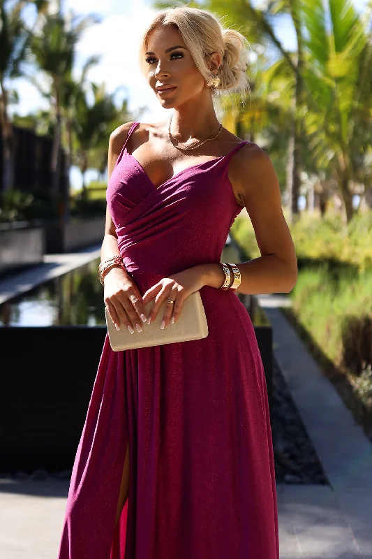 Numoco 299-19 CHIARA elegant long maxi dress with straps - fuchsia with glitter Trendy Maxi Dress with Lace