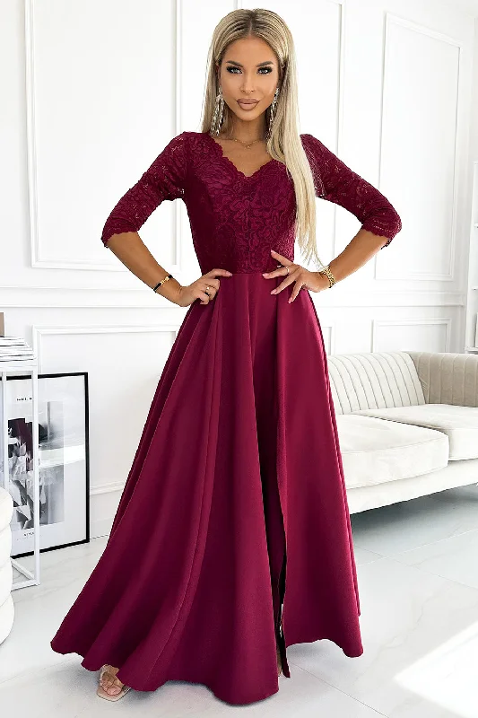 Numoco 309-9 AMBER elegant long maxi dress with lace neckline - burgundy Comfortable Plunging Neckline Maxi Dress