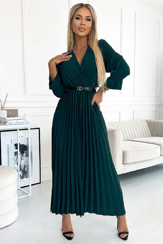 Numoco Basic 462-2 SERENA Pleated maxi dress with a neckline, belt and 3/4 sleeves - green Fashionable Maxi Dress with Fringe Numoco Basic 462-2 SERENA Pleated maxi dress with a neckline, belt and 3/4 sleeves - green Fashionable Maxi Dress with Fringe