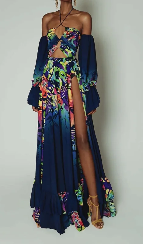 OFF SHOULDER FLOWY SLEEVES MAXI DRESS IN MULTI-COLOR Stylish Button-Up Maxi Dress