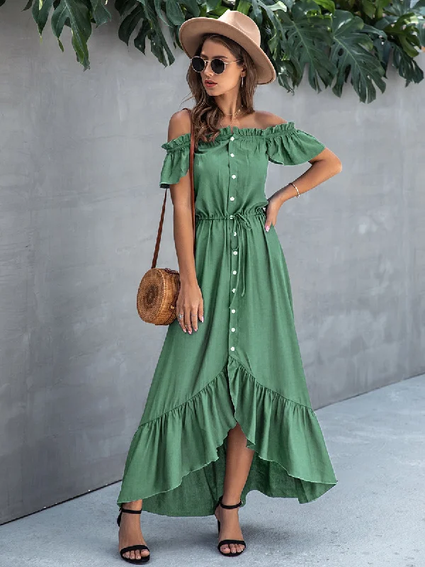 Off Shoulder Hem Split Ruffle Maxi Dress Trendy Maxi Dress with Lace