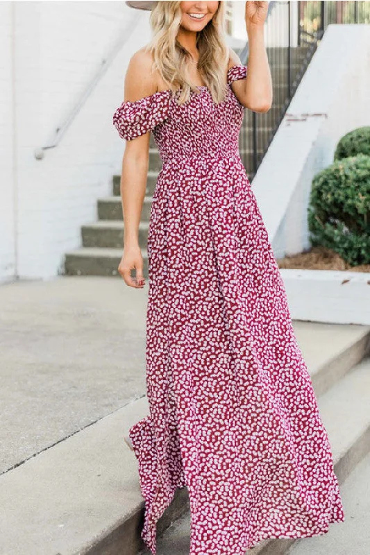 Off-the-shoulder Print Slit Maxi Dress Elegant Maxi Dress with Ruffles