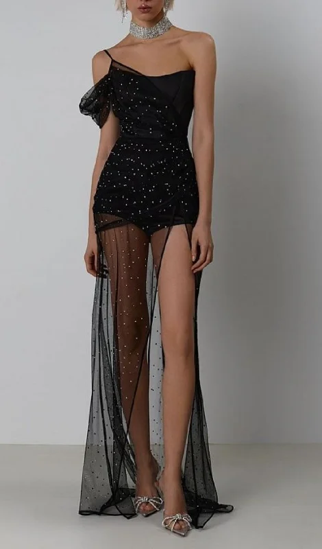 ONE-SHOULDER RHINESTONE MESH MAXI DRESS IN BLACK Elegant Maxi Dress with Pockets