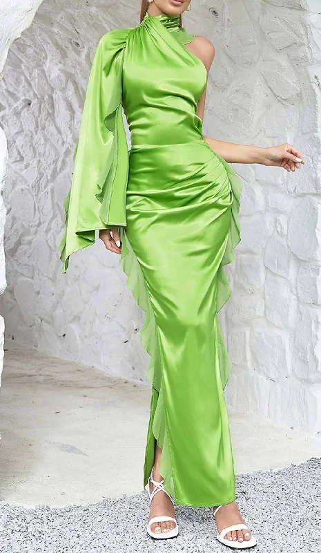 ONE-SHOULDER SATIN RUFFLE MAXI DRESS IN NEON GREEN Comfortable Fitted Maxi Dress