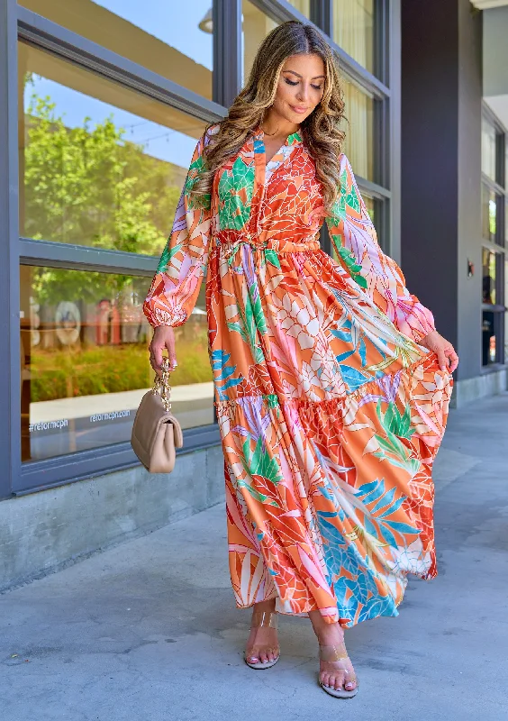 Orange Printed Maxi Dress Fashionable Chiffon Tiered Maxi Dress