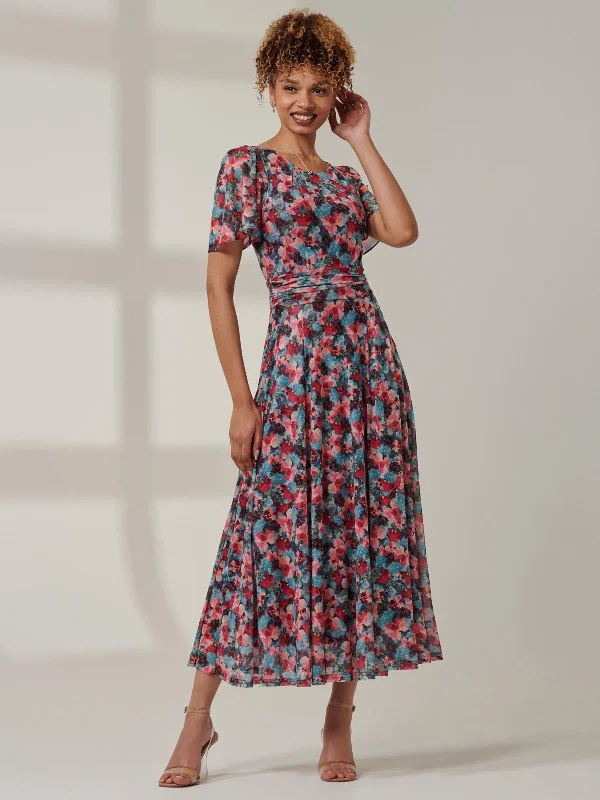 Paityn Angel Sleeve Mesh Maxi Dress, Teal Floral Fashionable Button-Down Maxi Dress