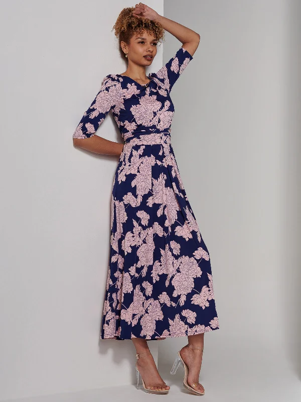 Parker 3/4 Sleeve Maxi Dress, Navy Floral Trendy Printed Maxi Dress