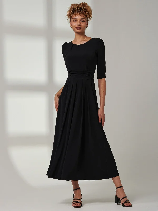 Parker 3/4 Sleeve Maxi Dress, Black Cozy Open-Back Maxi Dress