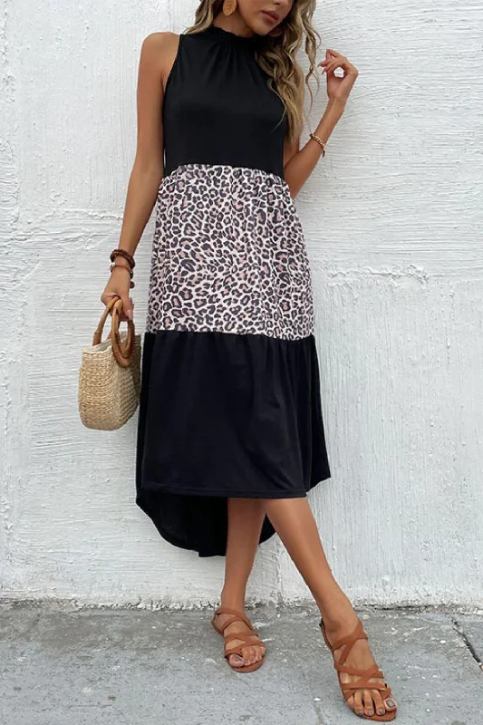 Perfee Leopard Contrast Sleeveless Maxi Dress Comfortable Ruffle Maxi Dress