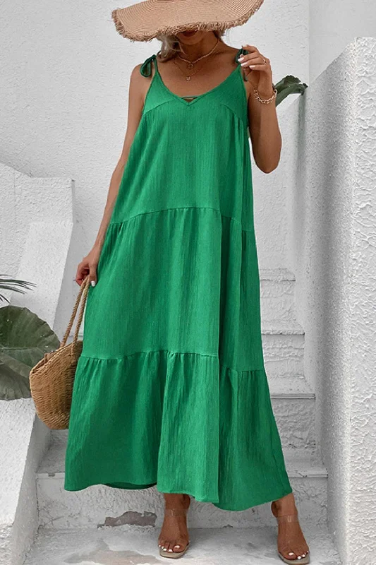 Perfee Tie-Shoulder Tiered Maxi Dress Fashionable High-Low Maxi Dress