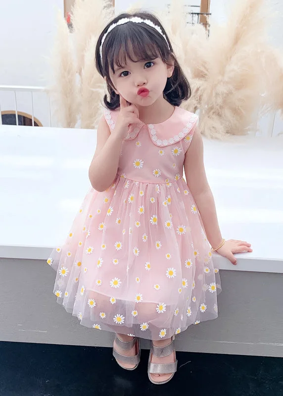 Pink Peter Pan Collar Tulle Girls Maxi Dress Summer Classic Solid Maxi Dress