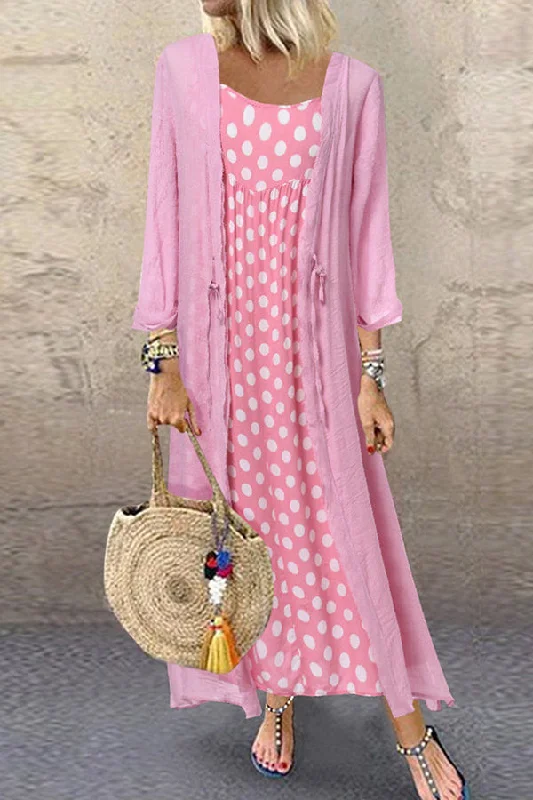 Pink Polka Dot Two-piece Maxi Dress Fashionable Button-Down Maxi Dress