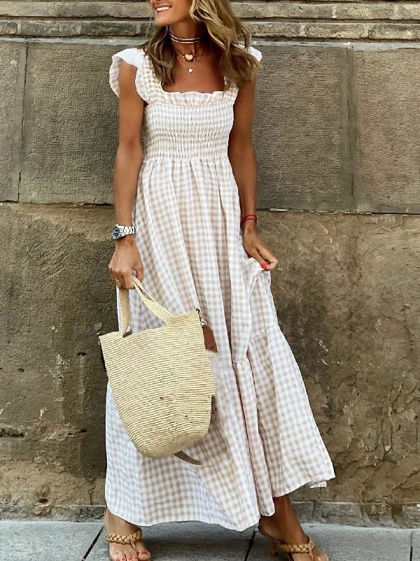 Plaid Long Dress Women Boho Beach Dress Female Square Neck Sleeveless Elegant Maxi Dress Ladies Vintage Pleasted Summer Dress Chic Button-Up Maxi Dress