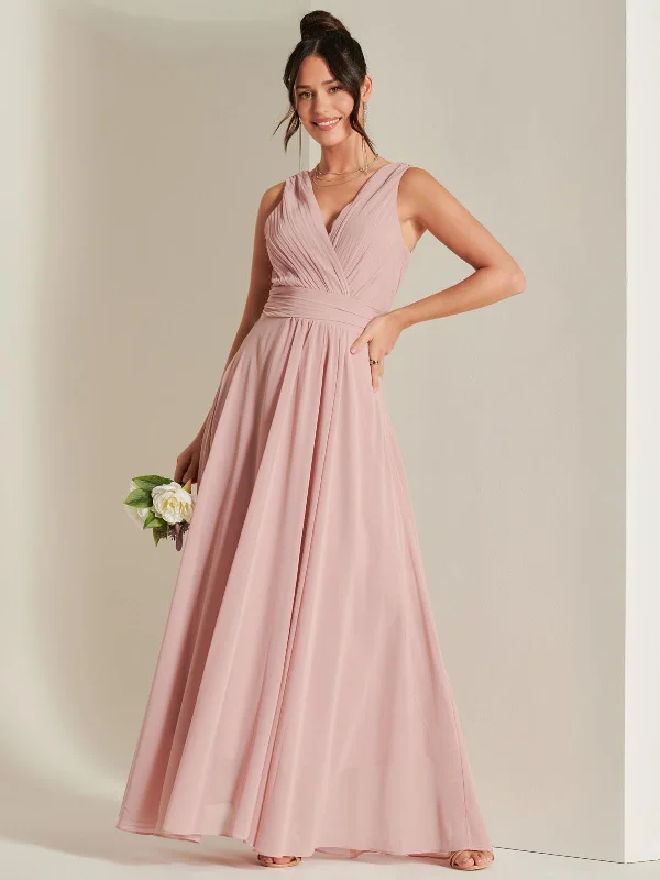 Pleated Bodice Chiffon Maxi Dress, Mauve Pink Comfortable Long-Sleeve Maxi Dress