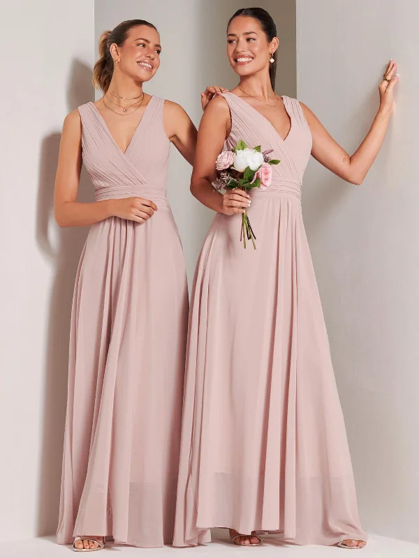 Pleated Bodice Chiffon Maxi Dress, Dusty Pink Fashionable Off-Shoulder Maxi Dress