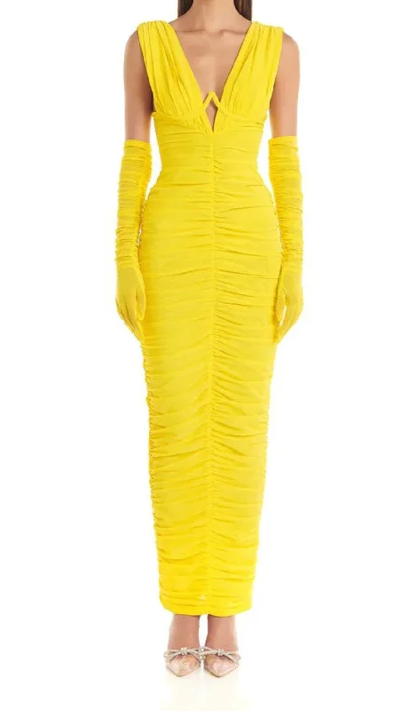PLUNGE V NECKLINE WITH GLOVE MAXI DRESS IN YELLOW Trendy Maxi Dress with Straps