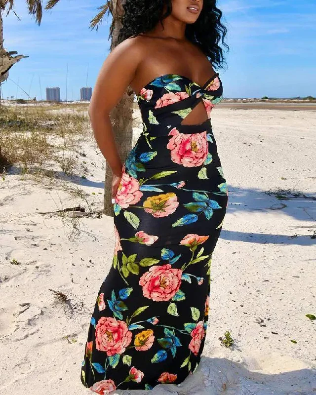 PLUS SIZE FLORAL PRINT BANDEAU TWISTED MAXI DRESS Fashionable Halter Neck Maxi Dress