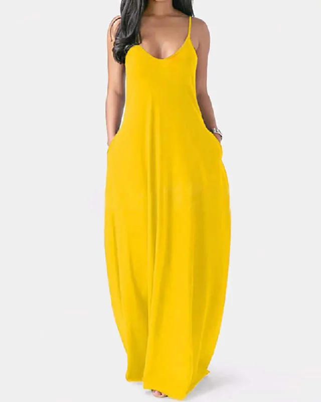 POCKET DESIGN V NECK SPAGHETTI STRAP MAXI DRESS Comfortable Plunging Neckline Maxi Dress