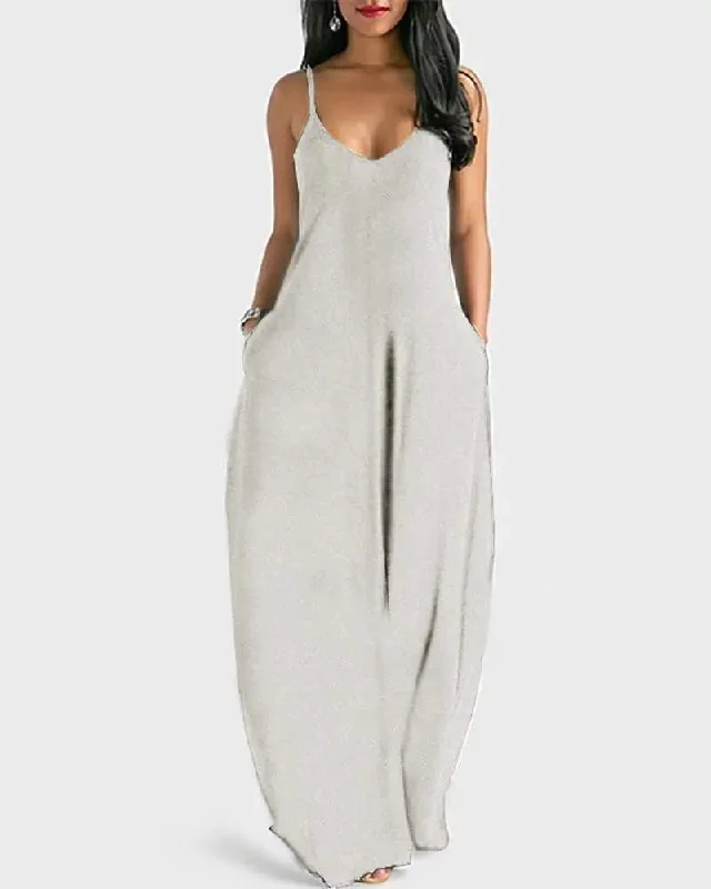 POCKET DESIGN V NECK SPAGHETTI STRAP MAXI DRESS Classic Strapless Maxi Dress