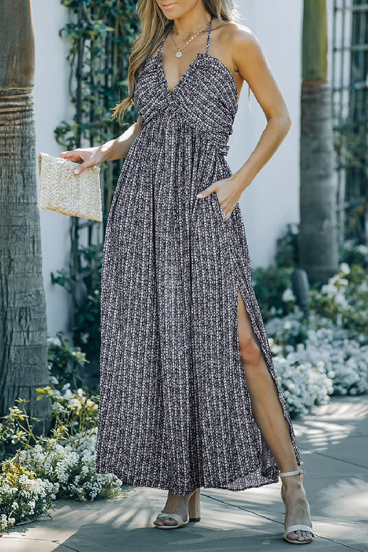 Pocketed Printed Halter Backless Maxi Dress Elegant Wraparound Maxi Dress