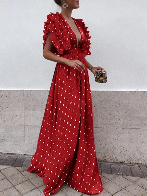 Polka Dot Deep V Neck Evening Maxi Dress Trendy A-Line Maxi Dress