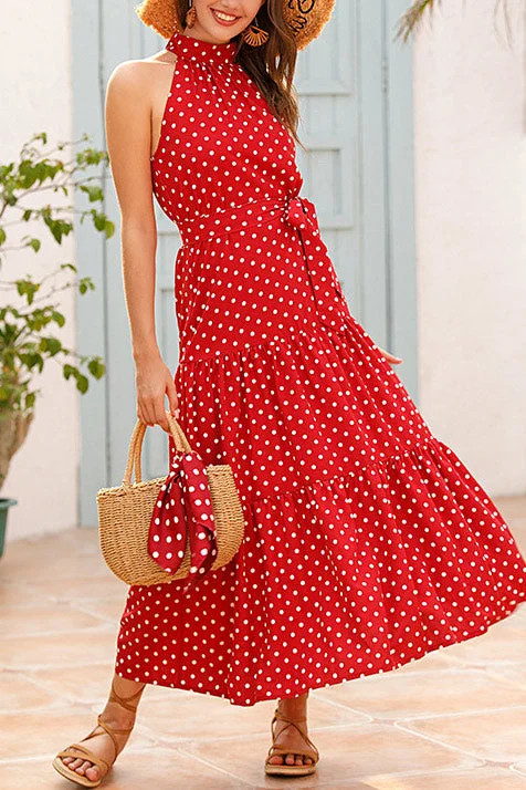 Polka Dot Halter Maxi Dress With Belt Fashionable Halter Neck Maxi Dress