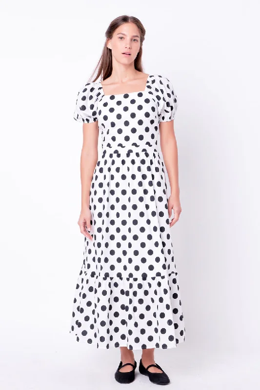 Polka Dot Puff Sleeve Maxi Dress Comfortable Fit-and-Flare Maxi Dress