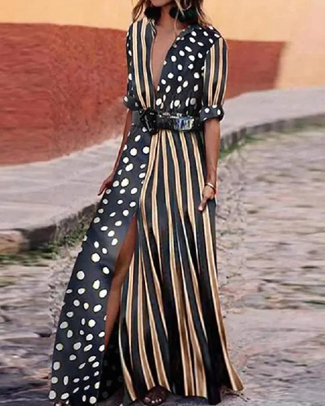 POLKA DOT STRIPED PRINT SLIT MAXI DRESS Cozy Cold-Shoulder Maxi Dress