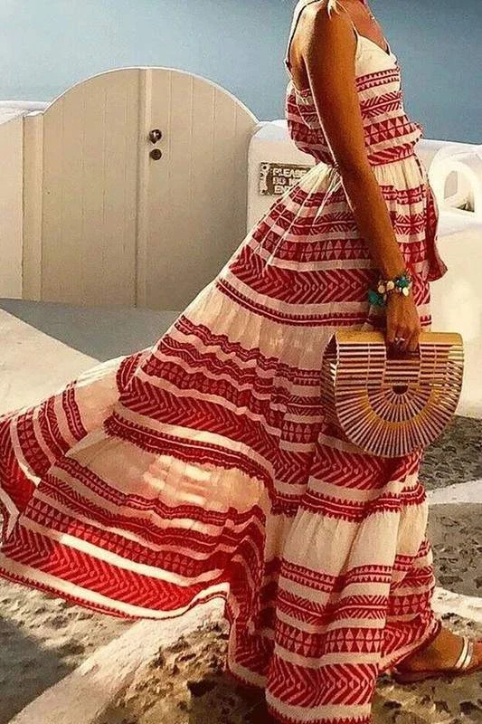 PRINT BELTED MAXI DRESS Cozy Spaghetti Strap Maxi Dress