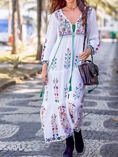 Print Long Sleeve Embroidered Bohemia Beach Maxi Dress Elegant Floral Maxi Dress