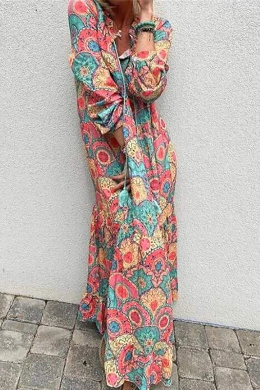 PRINT LONG SLEEVE MAXI DRESS Fashionable Chiffon Tiered Maxi Dress