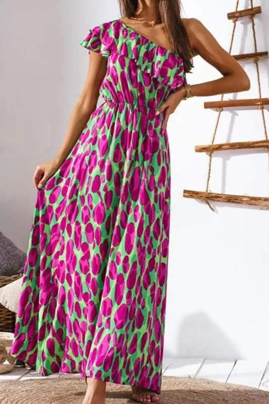 PRINT RUFFLE ONE SHOULDER MAXI DRESS Elegant Lace-Up Maxi Dress