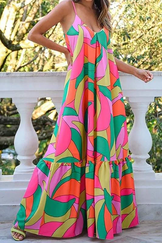 PRINT SPAGHETTI STRAP MAXI DRESS Stylish Boho Maxi Dress