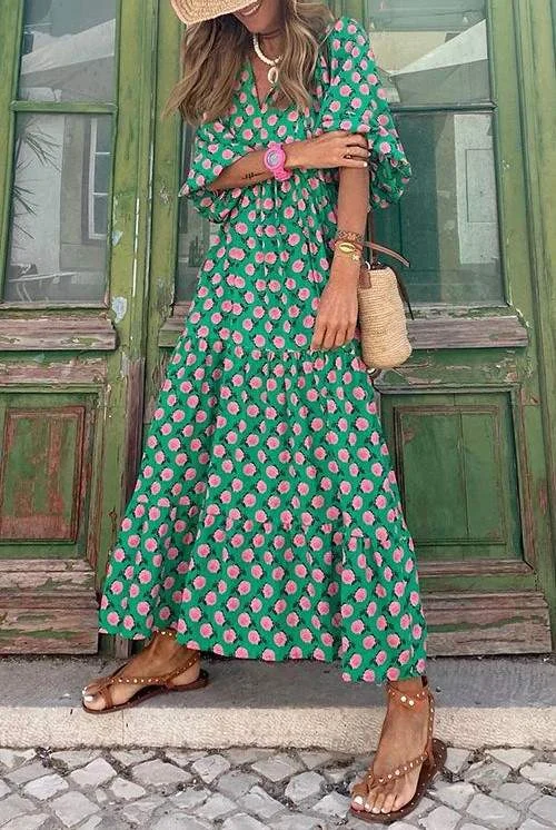 PRINT THREE QUARTER PUFF SLEEVE MAXI DRESS Comfortable Cotton Maxi Dress