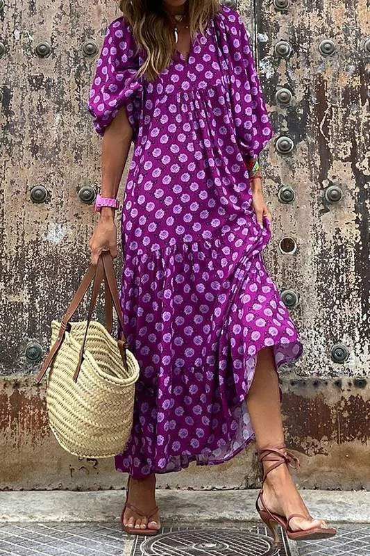 PRINT THREE QUARTER PUFF SLEEVE MAXI DRESS Cozy Ribbed Maxi Dress