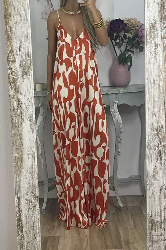 PRINT V NECK SLEEVELESS MAXI DRESS Classic Strapless Maxi Dress