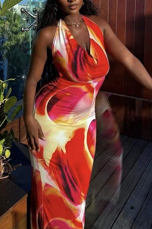 PRINTED COWL NECK MAXI DRESS Stylish Long Sleeve Maxi Dress