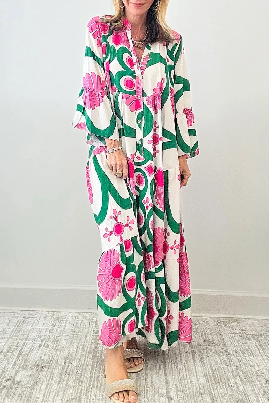 Printed Notched Long Sleeve Maxi Dress Stylish One-Shoulder Maxi Dress