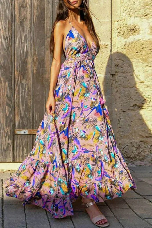 Printed Open Back Maxi Dress Trendy Floral Print Maxi Dress