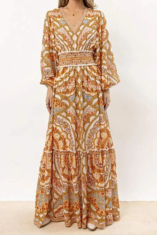 PRINTED V NECK LONG BALLOON SLEEVE MAXI DRESS Trendy Maxi Dress with Straps