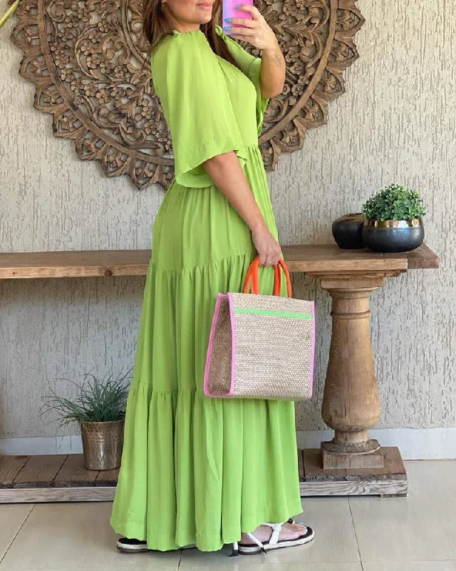 Puff Bell Sleeve Ruched Casual Maxi Dress Elegant Maxi Dress with Pockets