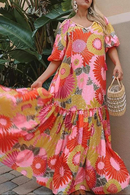 PUFF SLEEVE FLORAL MAXI DRESS Comfortable Satin Maxi Dress