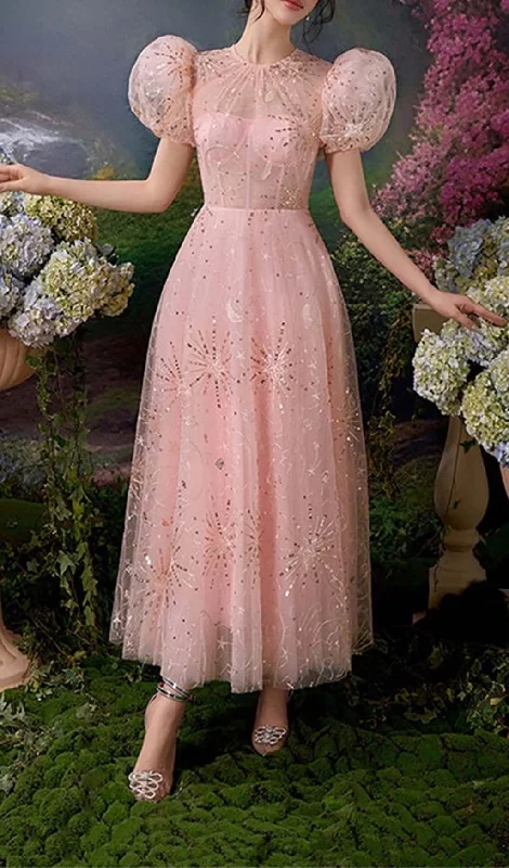 PUFF SLEEVE SEQUINS MAXI DRESS IN PINK Trendy Maxi Dress with Straps