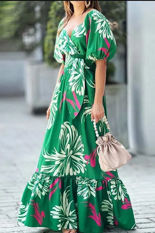 PUFF SLEEVE V NECK PRINT MAXI DRESS Fashionable Chiffon Maxi Dress