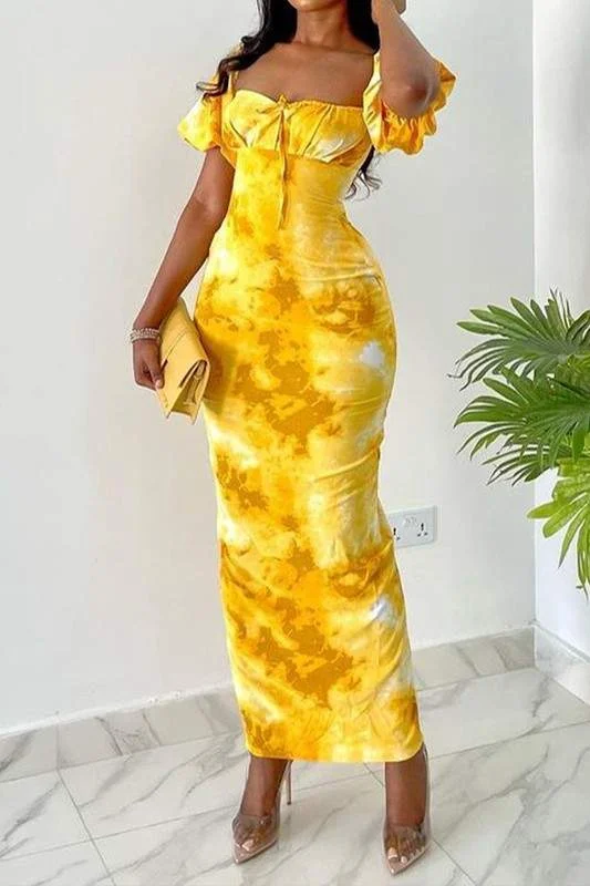 PUFF SLEEVES MAXI DRESS Trendy Maxi Dress with Straps